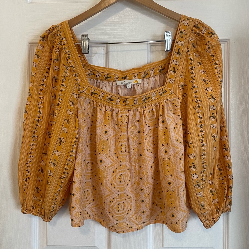 C&C California Yellow Linen Blend Top Blouse Square Neck Floral Puff Sleeve